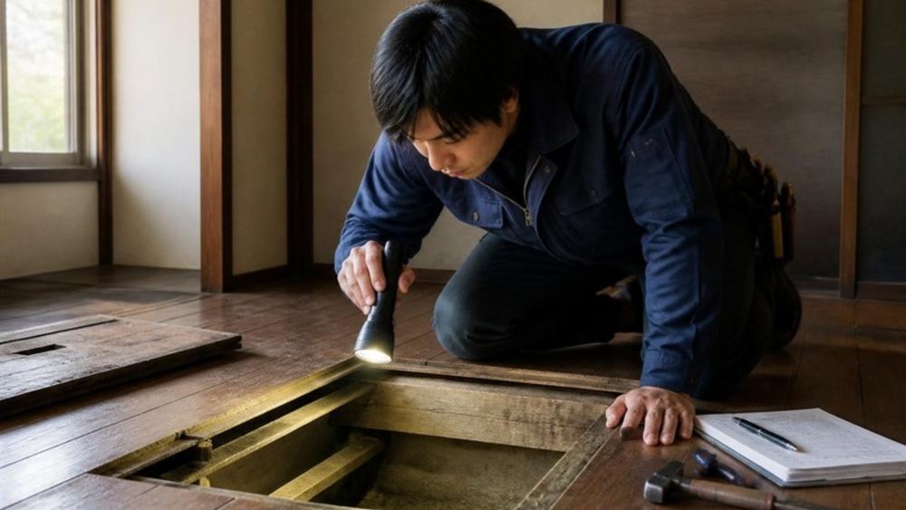 家の骨組みを確かめる大工
