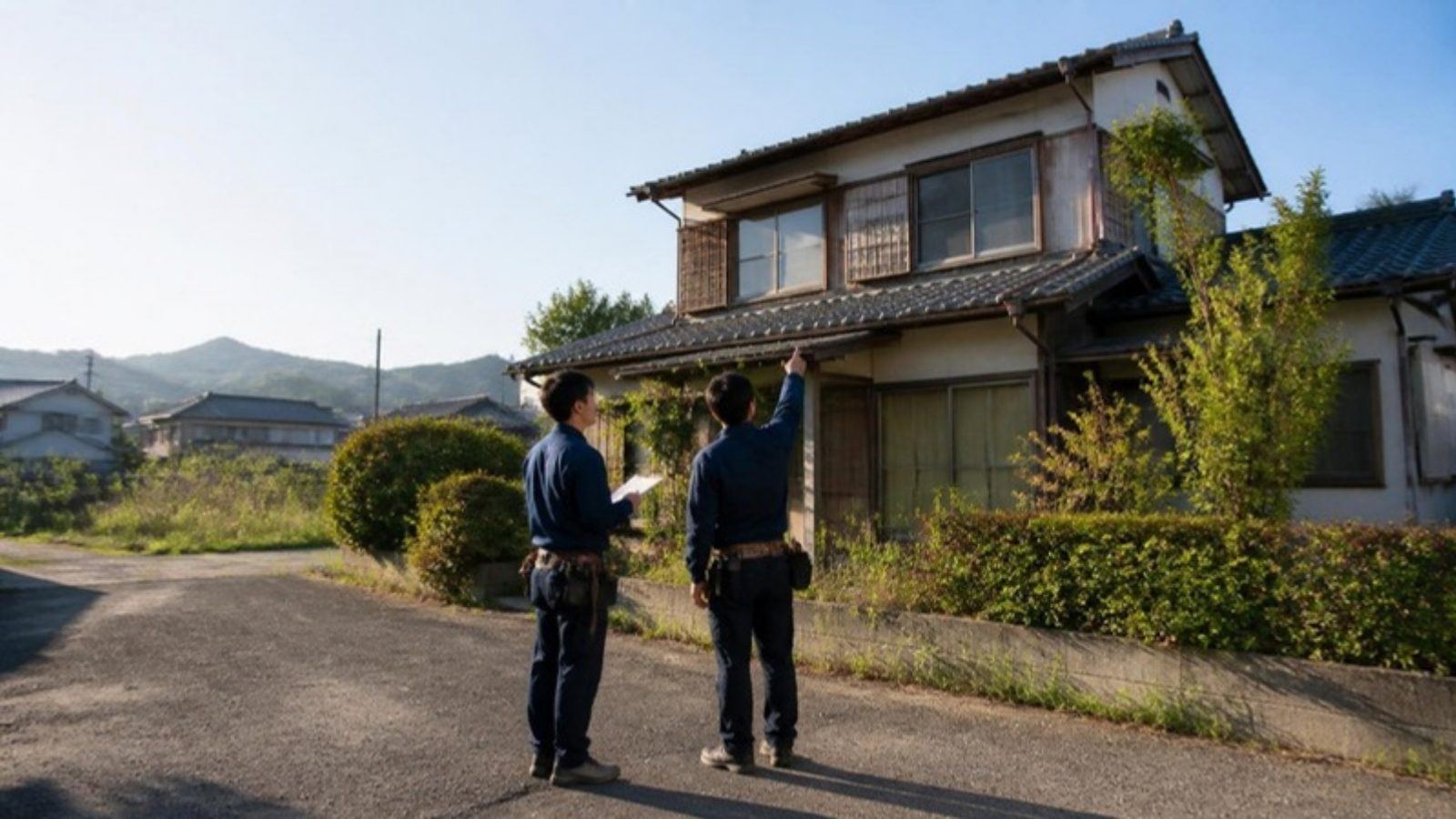 空き家の前で屋根を確かめる大工