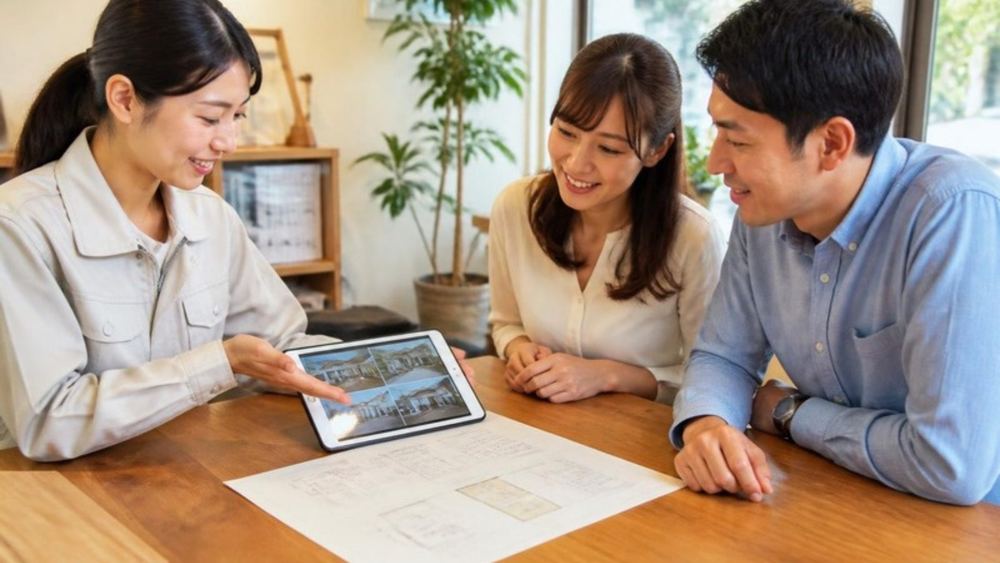 物件資料を広げて相談する様子